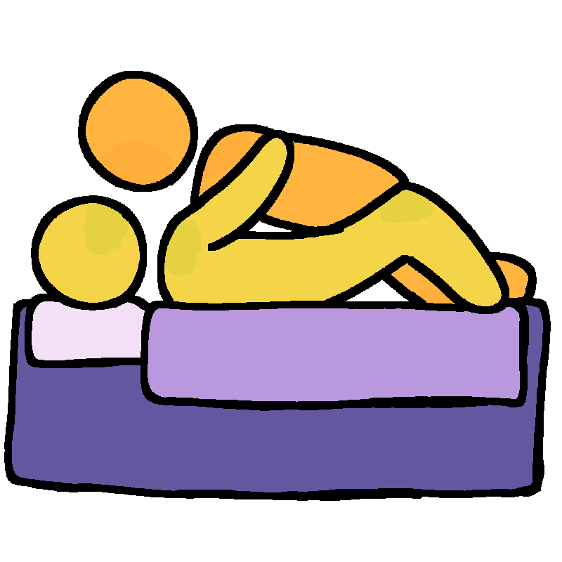 two figures on a purple bed. one figure is yellow and lying on their back. there's an orange-yellow figure on top of them. the yellow figure has their arms around the orange-yellow figure. the drawing has black outlines.